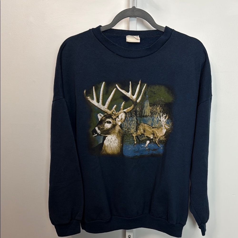 Men's Navy Crewneck Sweater with Deer Graphic